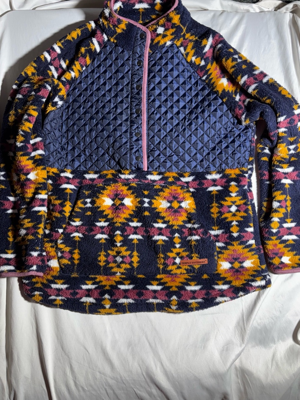 Simply Southern Navy Pullover with Mustard & Pink Pattern
